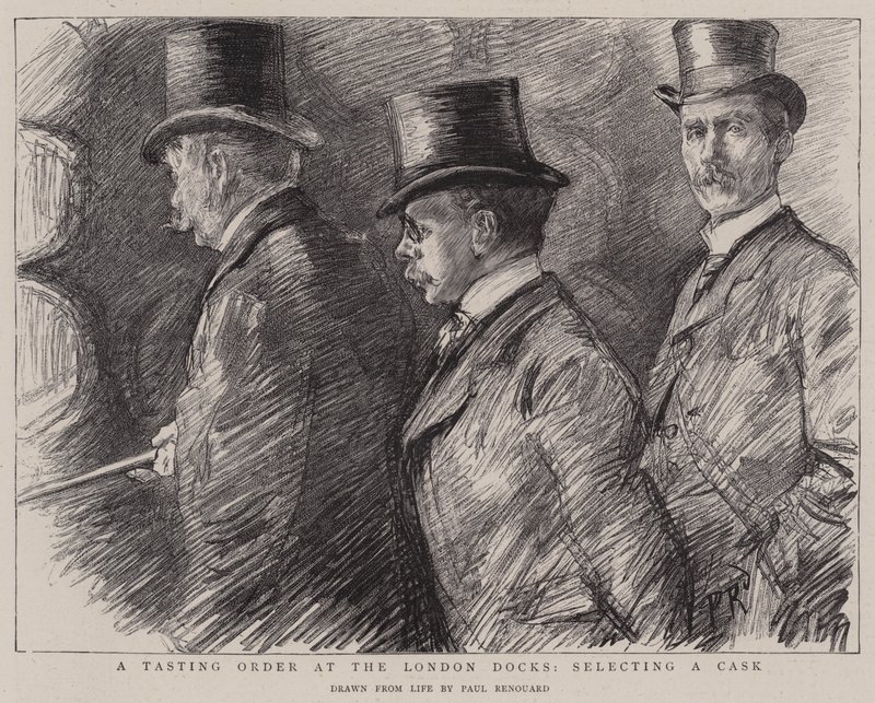 Uma ordem de degustação nas docas de Londres, selecionando um barril de Charles Paul Renouard