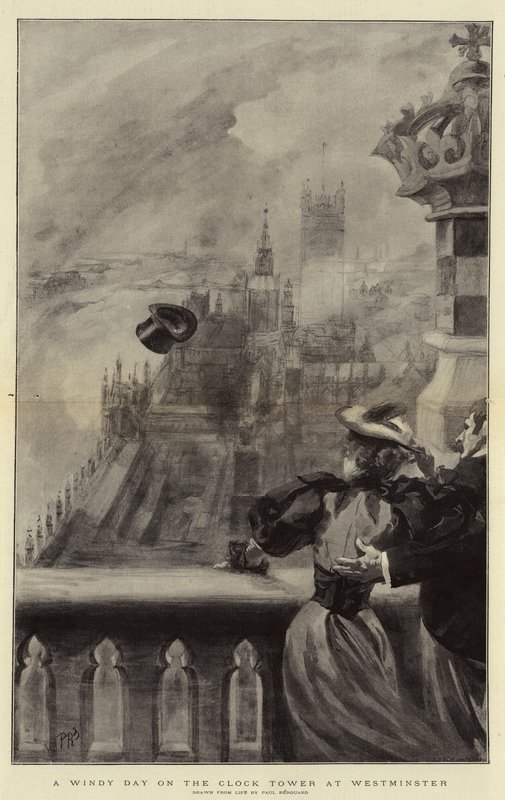 Um dia ventoso na torre do relógio em Westminster de Charles Paul Renouard