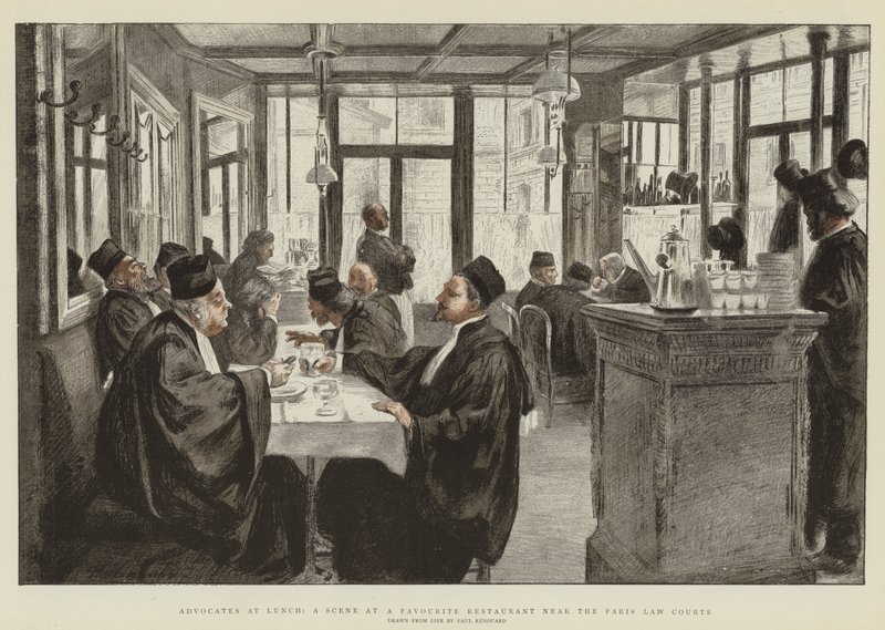 Defensores no almoço, uma cena em um restaurante favorito perto dos tribunais de Paris (chromolitho) de Charles Paul Renouard