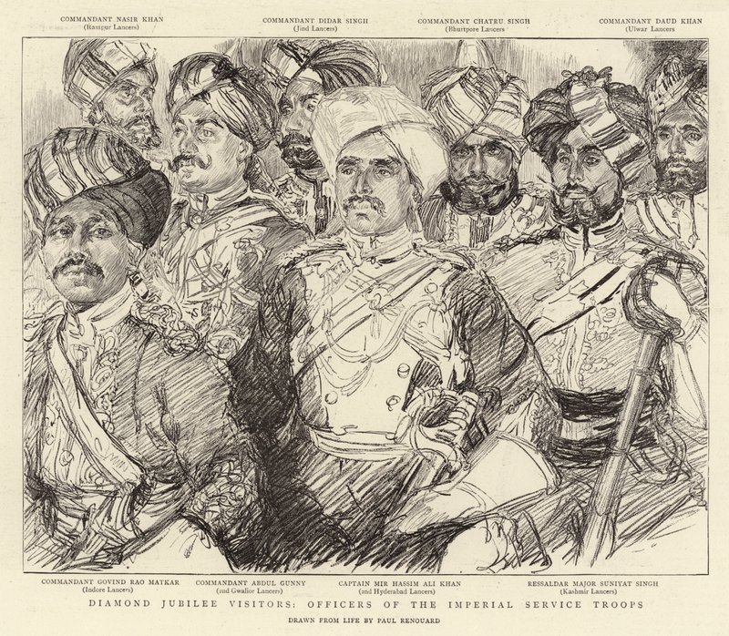 Visitantes do Jubileu de Diamante, oficiais das tropas do serviço imperial de Charles Paul Renouard