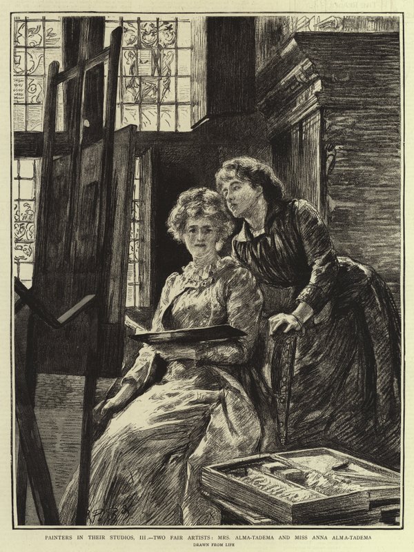 Pintores em seus estúdios, III, dois artistas da feira, sra. Alma-Tadema e Miss Anna Alma-Tadema de Charles Paul Renouard