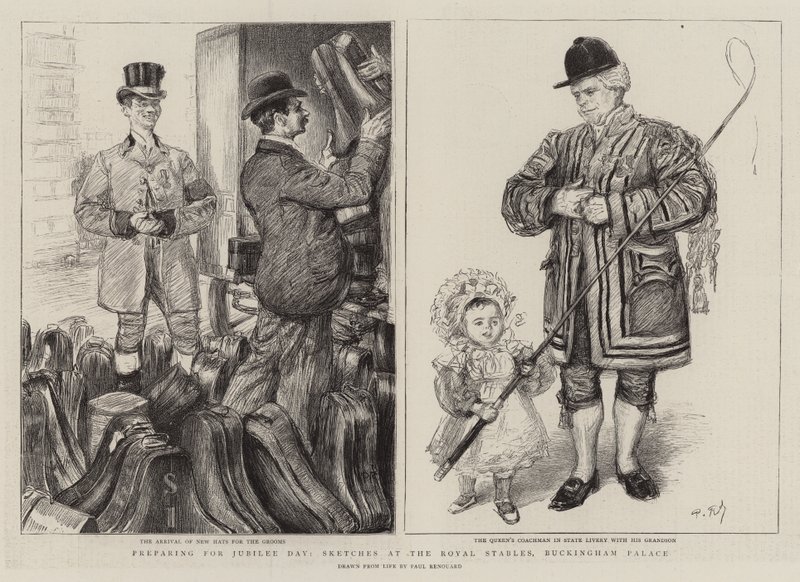 Preparando-se para o dia do Jubileu, esboços nos estábulos reais, o Palácio de Buckingham de Charles Paul Renouard