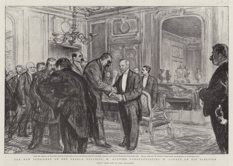 O novo Presidente da República Francesa, M Rouvier, felicitando M Loubet pela sua eleição de Charles Paul Renouard
