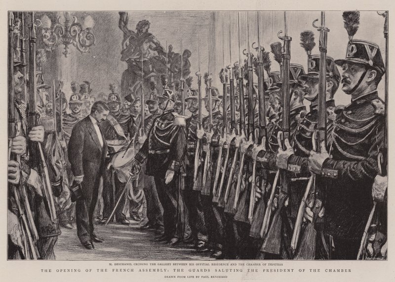 A abertura da Assembléia francesa, os guardas saudando o presidente da Câmara de Charles Paul Renouard