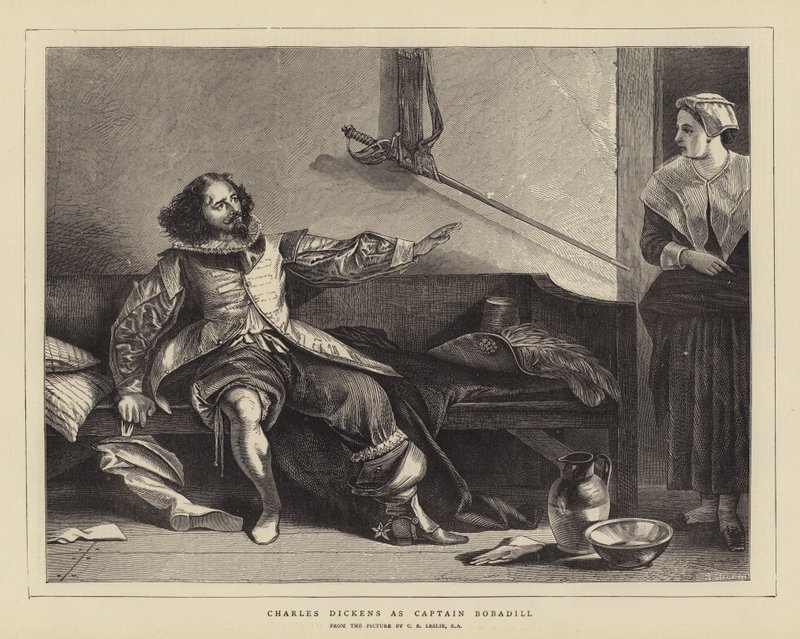Charles Dickens como o capitão Bobadill de Charles Robert Leslie