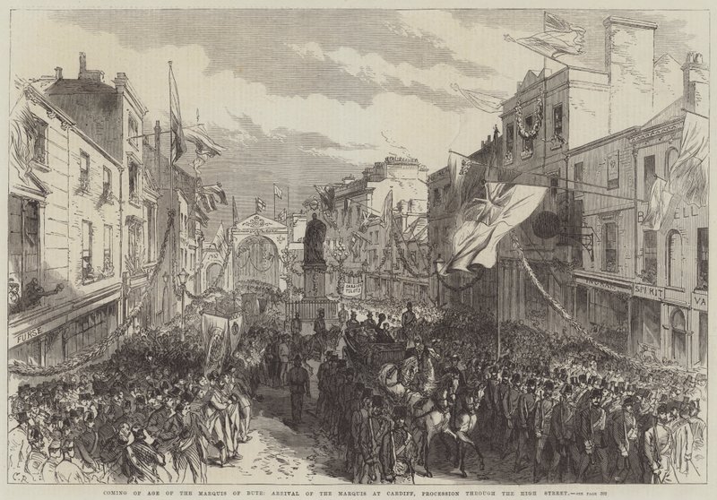 Virgem de idade do Marquês de Bute, chegada do Marquês em Cardiff, procissão pela High Street de Sir John Charles Robinson