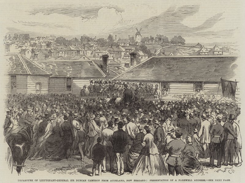 Partida do Tenente-General Sir Duncan Cameron de Auckland, Nova Zelândia, apresentação de um discurso de despedida de Sir John Charles Robinson