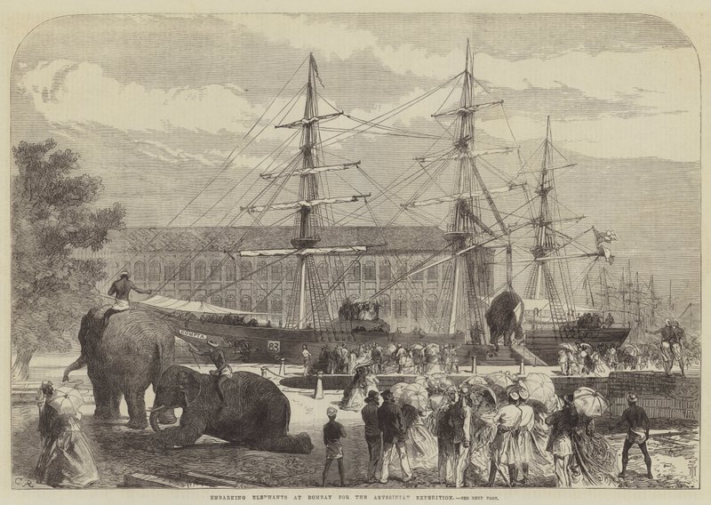 Embarcando elefantes em Bombaim para a expedição abissínio de Sir John Charles Robinson