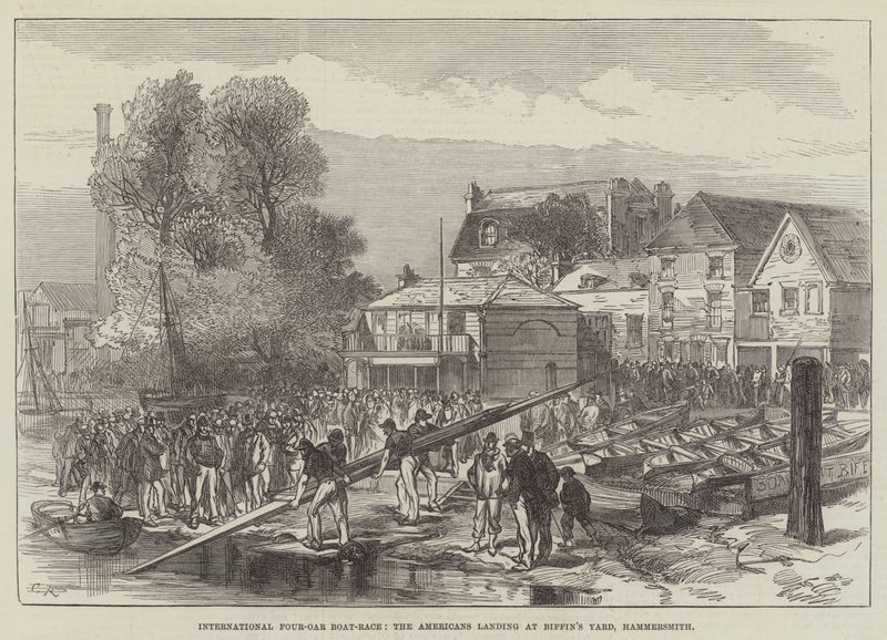 Corrida de barco internacional de quatro remos, os americanos desembarcam no pátio de Biffin, Hammersmith de Sir John Charles Robinson