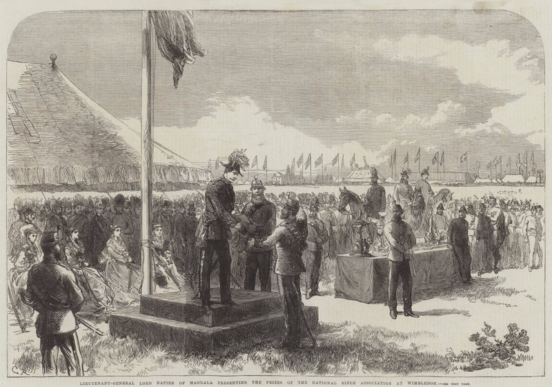 Tenente-General Lord Napier de Magdala apresentando os prêmios na Associação Nacional de Rifle em Wimbledon de Sir John Charles Robinson