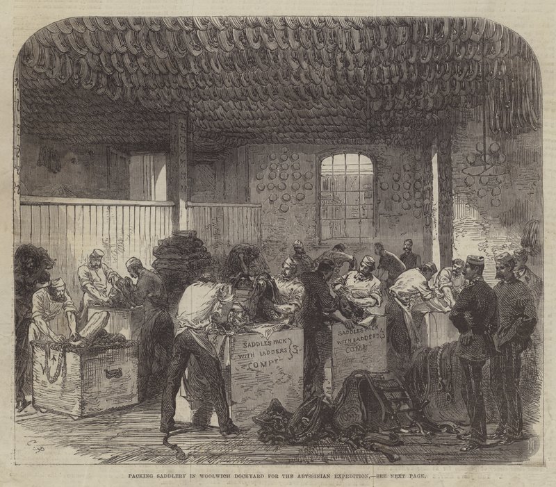 Selaria de embalagem no estaleiro de Woolwich para a expedição abissínio de Sir John Charles Robinson