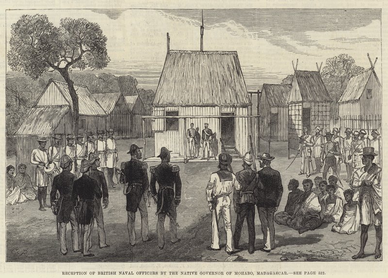 Recepção de oficiais navais britânicos pelo governador nativo de Mohabo, Madagascar de Sir John Charles Robinson