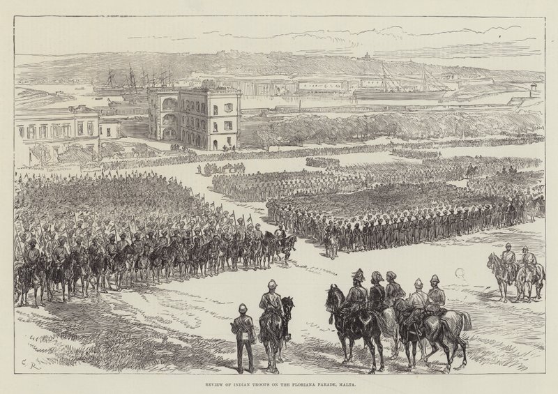 Revisão das tropas indianas na parada de Floriana, Malta de Sir John Charles Robinson