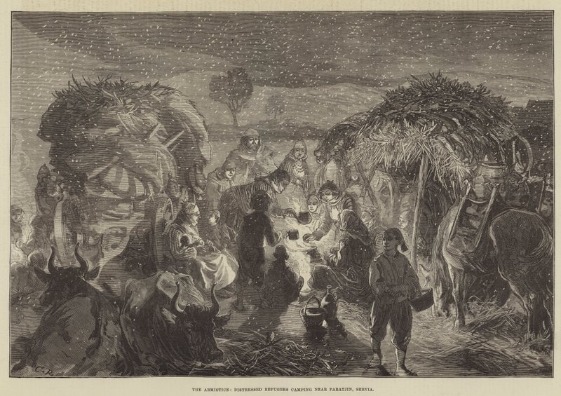 O armistício, refugiados angustiados acampar perto de Paratjin, Servia de Sir John Charles Robinson