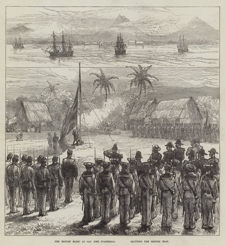 A frota britânica em San Jose, Guatemala, saudando a bandeira britânica de Sir John Charles Robinson