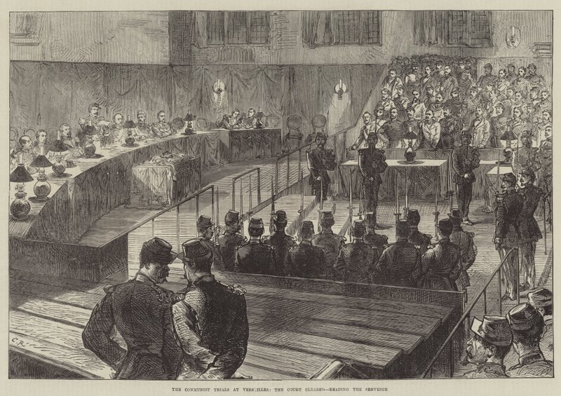 Os julgamentos comunistas em Versalhes, a corte cancelada, lendo a sentença de Sir John Charles Robinson