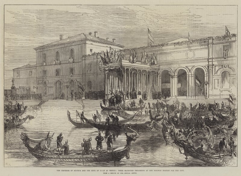 O Imperador da Áustria e o Rei da Itália em Veneza, Suas Majestades embarcando na Estação Ferroviária da Cidade de Sir John Charles Robinson