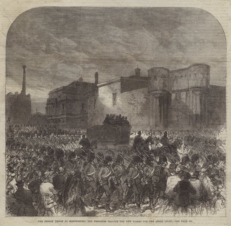 Os julgamentos de Fenian em Manchester, os prisioneiros deixando o New Bailey para o Tribunal de Assize de Sir John Charles Robinson