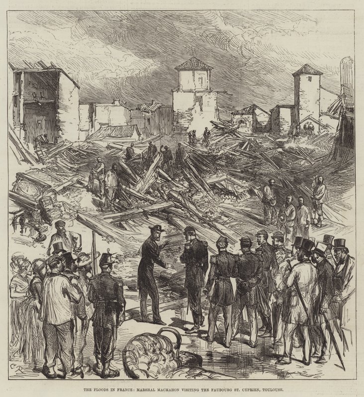 As inundações na França, o Marechal Macmahon visitando o Faubourg St Cyprien, Toulouse de Sir John Charles Robinson