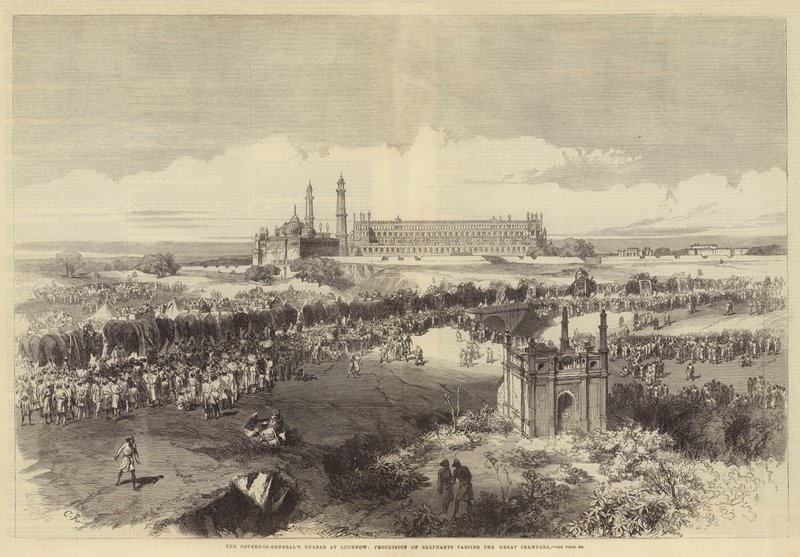 Durbar do governador-geral em Lucknow, procissão de elefantes passando o Grande Imambara de Sir John Charles Robinson