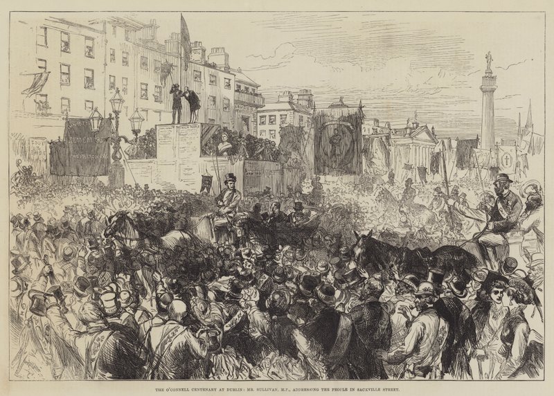 O Centenário O&39;Connell em Dublin, Sr. Sullivan, MP, dirigindo-se à People in Sackville Street de Sir John Charles Robinson