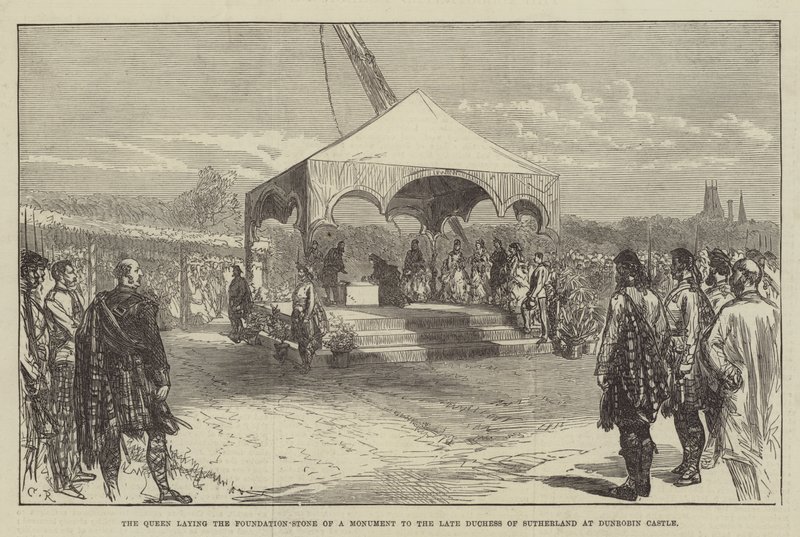A rainha que estabelece a pedra-fundação de um monumento à falecida duquesa de Sutherland no Castelo de Dunrobin de Sir John Charles Robinson
