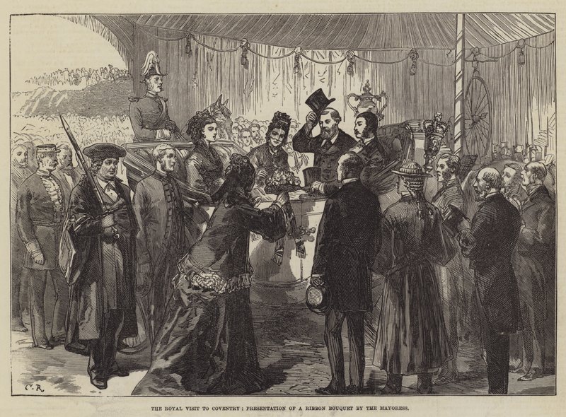 A visita real a Coventry, apresentação de um buquê de fitas pela prefeita de Sir John Charles Robinson