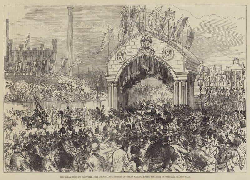 Visita Real a Sheffield, Príncipe e Princesa de Gales, passando sob o Arco de Boas Vindas, Estação-Estrada de Sir John Charles Robinson