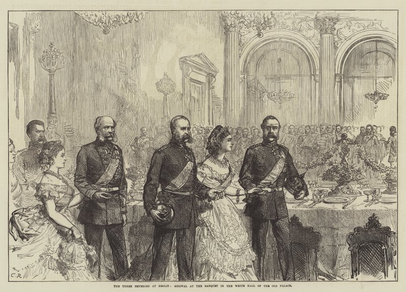 Os três imperadores em Berlim, chegada ao banquete no salão branco do velho palácio de Sir John Charles Robinson