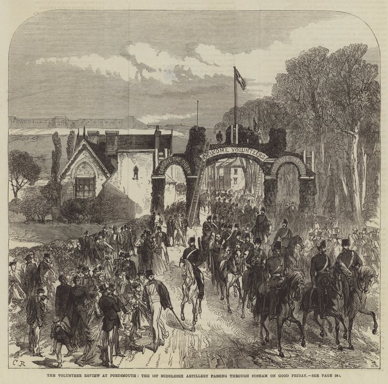 A revisão voluntária em Portsmouth, a 1a artilharia de Middlesex que passa através de Cosham na sexta-feira boa de Sir John Charles Robinson