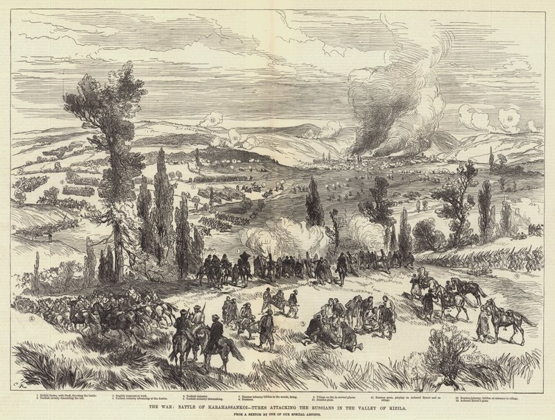 A guerra, batalha de Karahassankoi, turcos atacando o russo no vale de Kizila de Sir John Charles Robinson