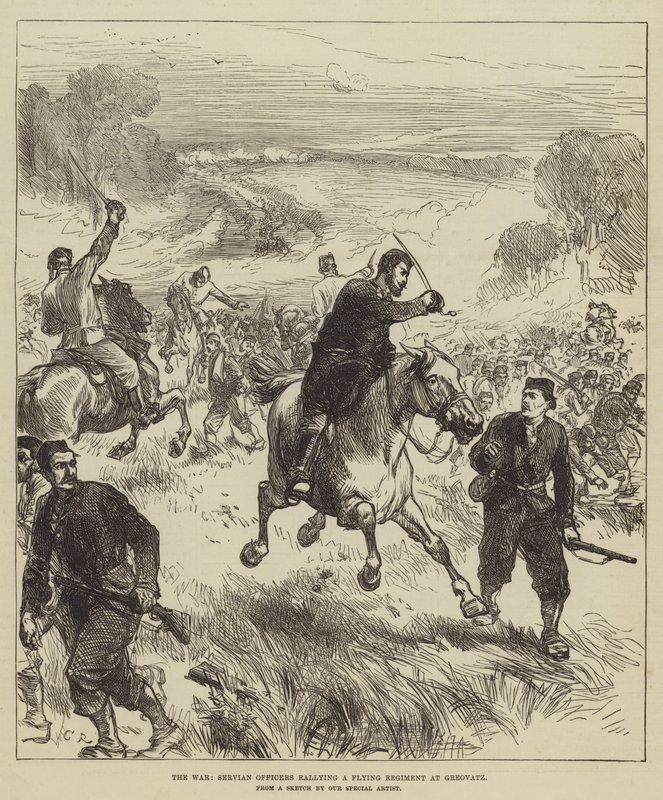 A Guerra, Oficiais Servianos reunindo um regimento voador em Greovatz de Sir John Charles Robinson