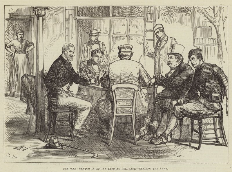 A guerra, esboço em um Inn-Yard em Belgrado, lendo as notícias de Sir John Charles Robinson