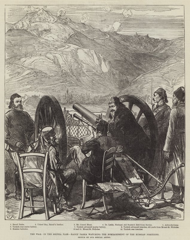 A guerra, no Shipka Pass, Raouf Pasha assistindo ao bombardeio das posições russas de Sir John Charles Robinson