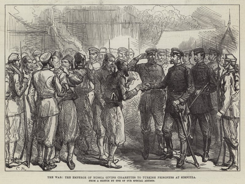 A guerra, o imperador da Rússia dando cigarros aos prisioneiros turcos em Simnitza de Sir John Charles Robinson