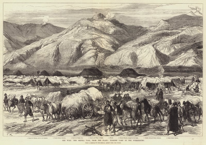 A guerra, a passagem de Shipka, da planície; Acampamento turco em primeiro plano de Sir John Charles Robinson