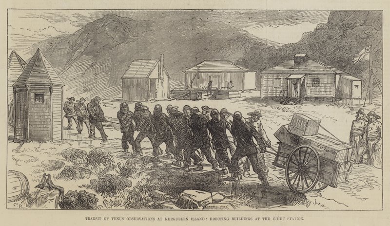 Trânsito de observações de Vênus na ilha de Kerguelen, erguendo edifícios na estação principal de Sir John Charles Robinson
