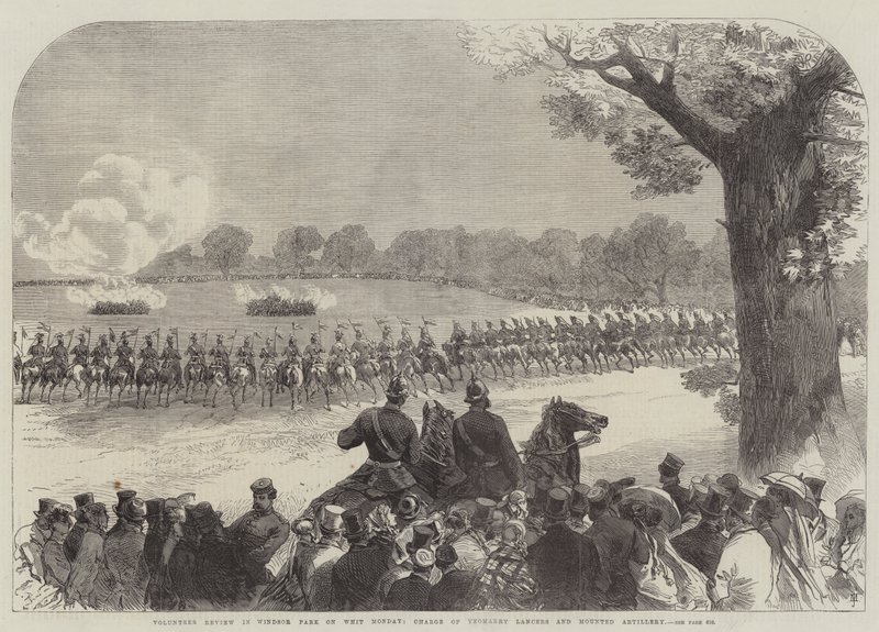 Revisão voluntária em Windsor Park na segunda-feira de Whit, carga de lanceiros de Yeomanry e artilharia montada de Sir John Charles Robinson