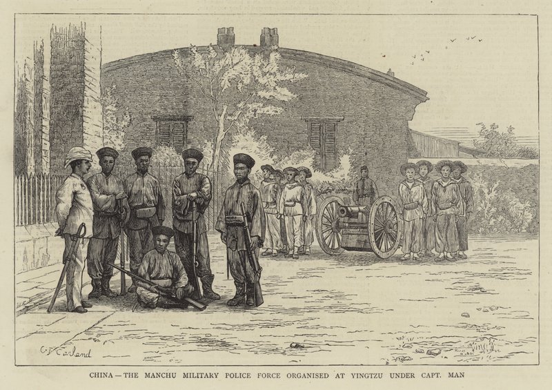 China, a Polícia Militar Manchu organizada em Yingtzu sob o comando do Capitão Man de Charles Trevor Garland