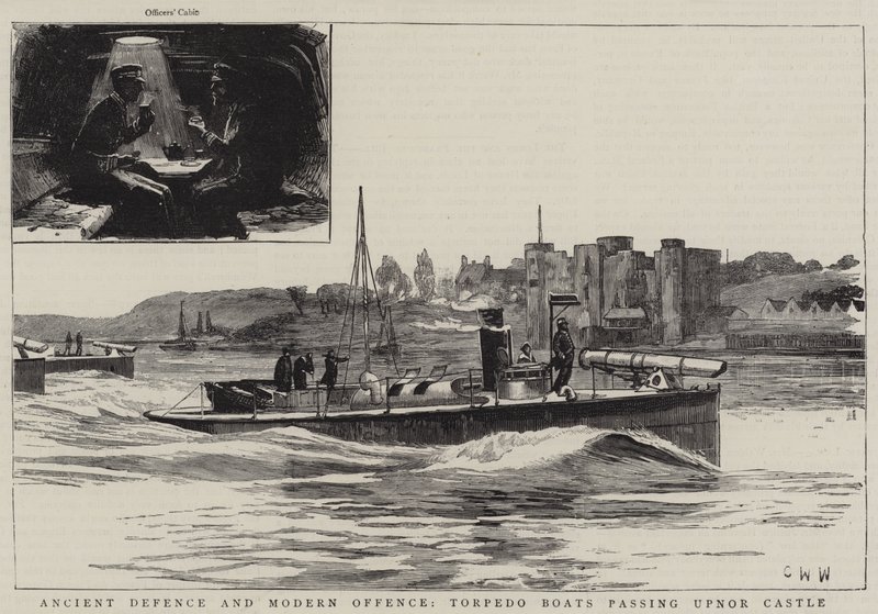 Defesa Antiga e Ofensa Moderna, Barcos Torpedo passando pelo Castelo de Upnor de Charles William Wyllie