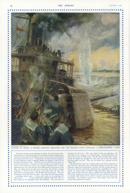 Marinheiros a bordo de um monitor britânico na costa belga, repelindo uma aeronave taubardeira alemã, na 1ª Guerra Mundial de Charles William Wyllie
