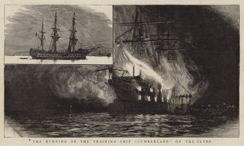 A Queima do Navio de Treinamento Cumberland no Clyde de Charles William Wyllie