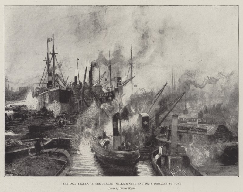 O tráfego de carvão no Tamisa, as torres de William Cory e Son no trabalho de Charles William Wyllie