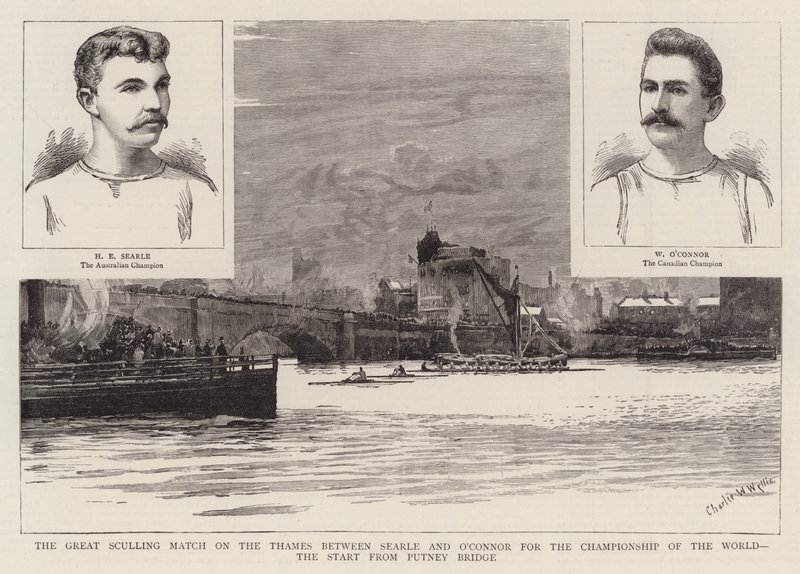 O Great Sculling Match no Thames entre Searle e O&39;Connor para o Campeonato do Mundo, o Start from Putney Bridge de Charles William Wyllie