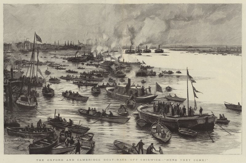 A Corrida de Barcos de Oxford e Cambridge, perto de Chiswick, eles vêm aqui! de Charles William Wyllie