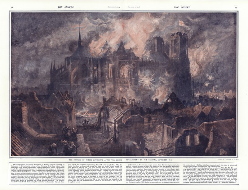 A queima da Catedral de Reims após o severo bombardeio pelos alemães, 17-24 de setembro de 1914 de Charles William Wyllie