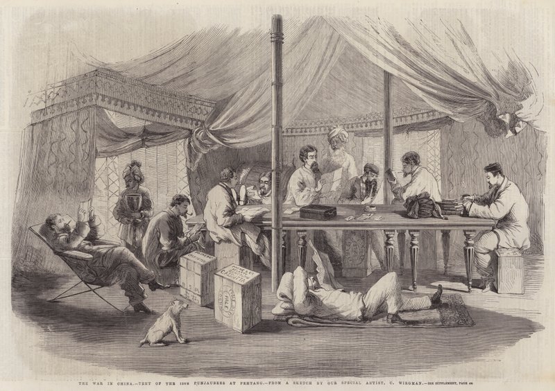 A guerra na China, tenda do dia 15 Punjaubees em Pehtang de Charles Wirgman