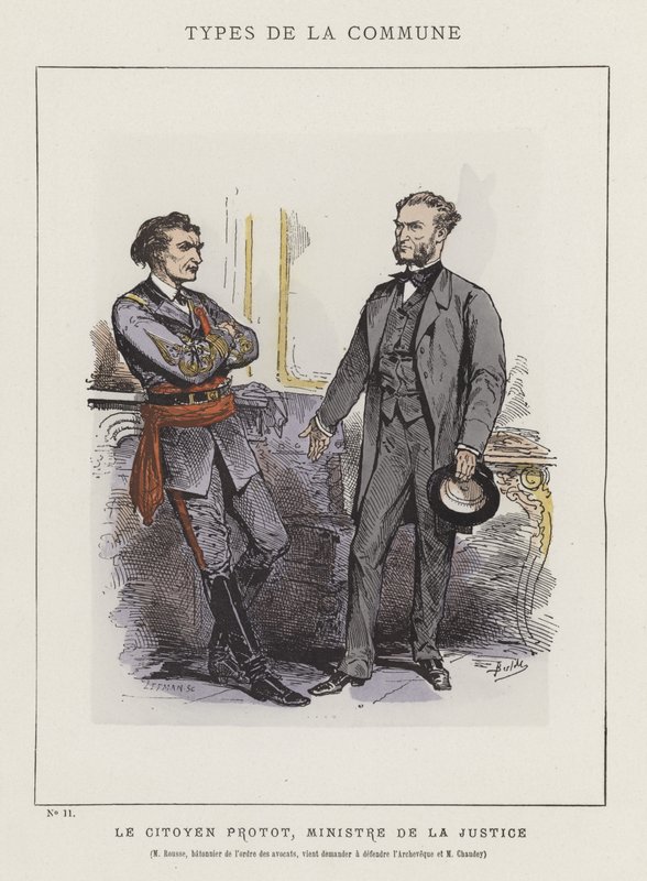 O cidadão Protot, Ministro da Justiça, M Rousse, advogado da Ordem dos Advogados, vem pedir para defender o Arcebispo e M Chaudey de Charles Albert d Arnoux Bertall