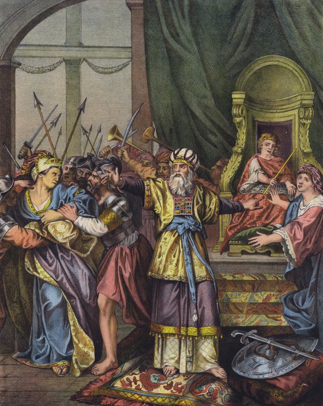 Rainha Athaliah de Judá perseguida do Templo e substituída como governante por Jehoash (cor litho) de Charles Antoine (after) Coypel