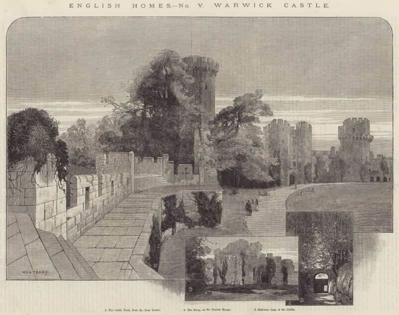 Casas inglesas, gravura do castelo de Warwick de Charles Auguste Loye